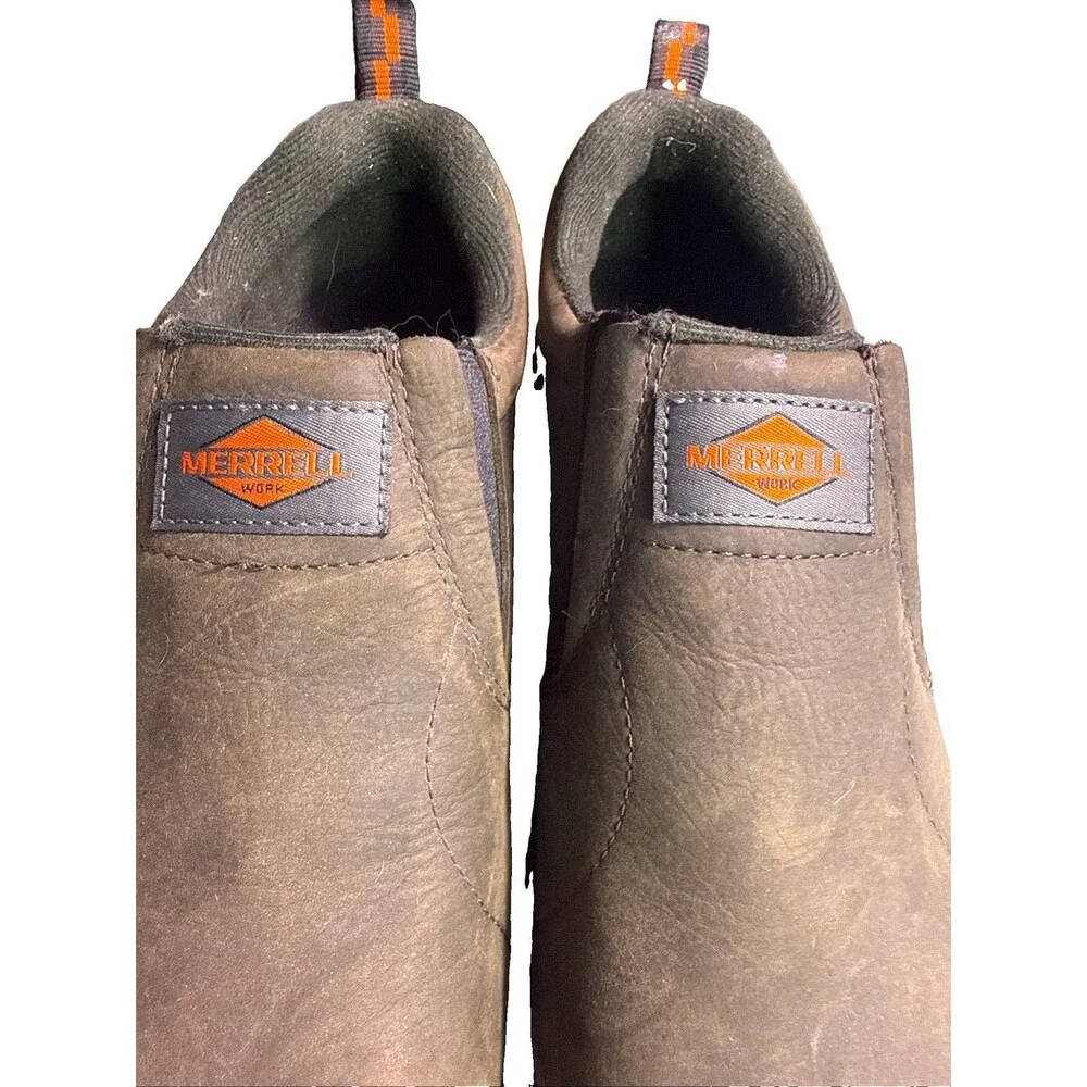 Merrell Work Men’s Jungle Moc Leather Composite Toe Slip on Work shoes Brown 8